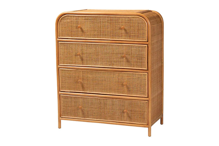 bali & pari Sampit Natural Rattan 4-Drawer Storage Cabinet - Handwoven Cane Displaying Unit with Rounded Frame, Boho Coastal Accent Furniture for Hallway, Living room or Bathroom FredCo