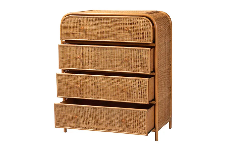 bali & pari Sampit Natural Rattan 4-Drawer Storage Cabinet - Handwoven Cane Displaying Unit with Rounded Frame, Boho Coastal Accent Furniture for Hallway, Living room or Bathroom FredCo