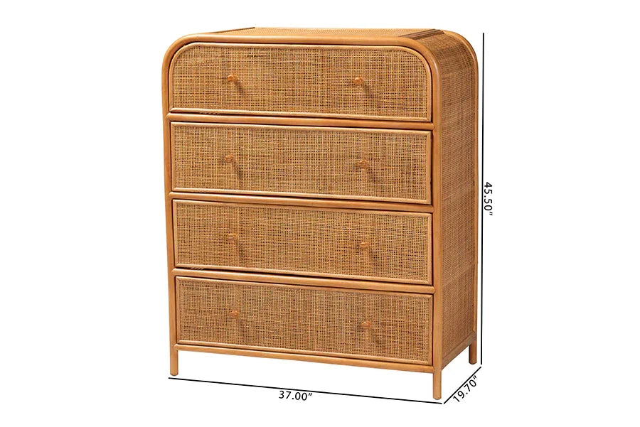 bali & pari Sampit Natural Rattan 4-Drawer Storage Cabinet - Handwoven Cane Displaying Unit with Rounded Frame, Boho Coastal Accent Furniture for Hallway, Living room or Bathroom FredCo