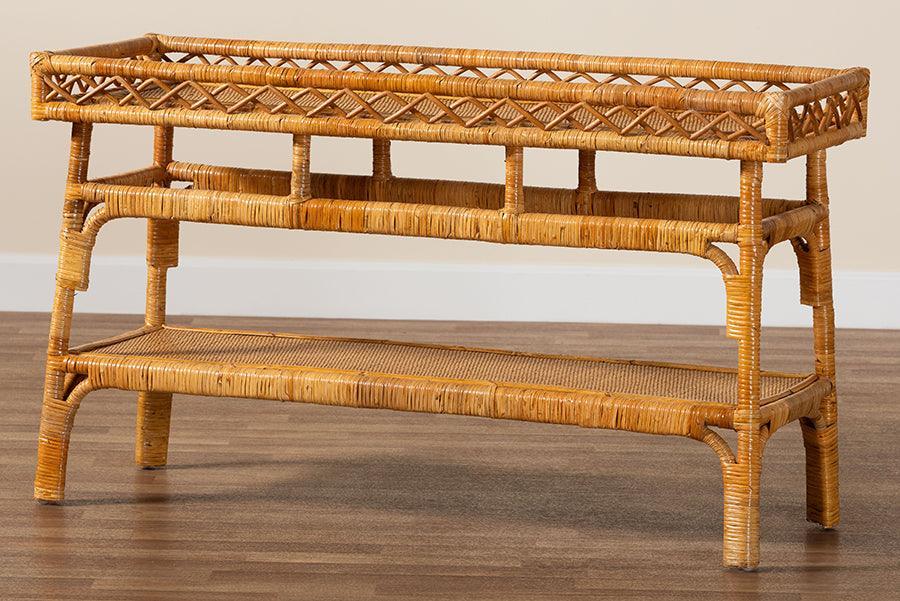 bali & pari Savitri Modern Bohemian Natural Rattan 2-Tier Console Table FredCo