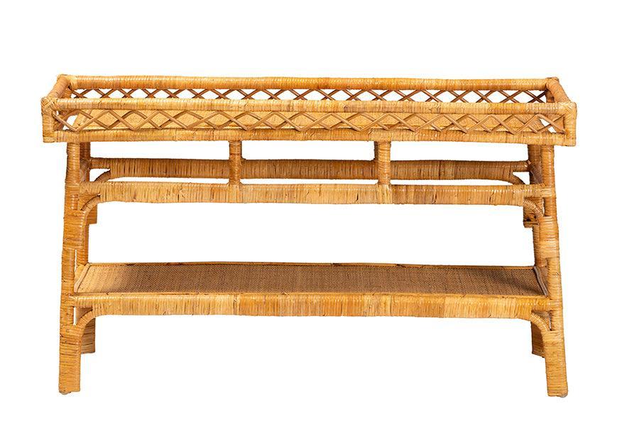 bali & pari Savitri Modern Bohemian Natural Rattan 2-Tier Console Table FredCo