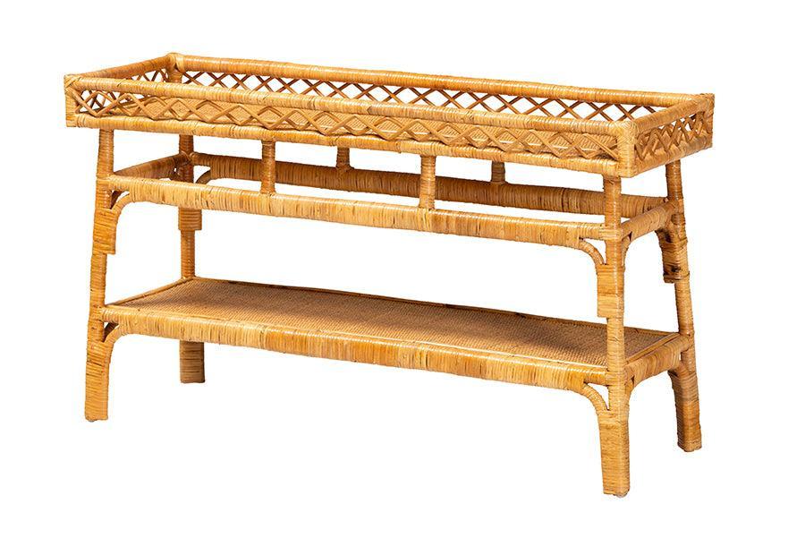 bali & pari Savitri Modern Bohemian Natural Rattan 2-Tier Console Table FredCo