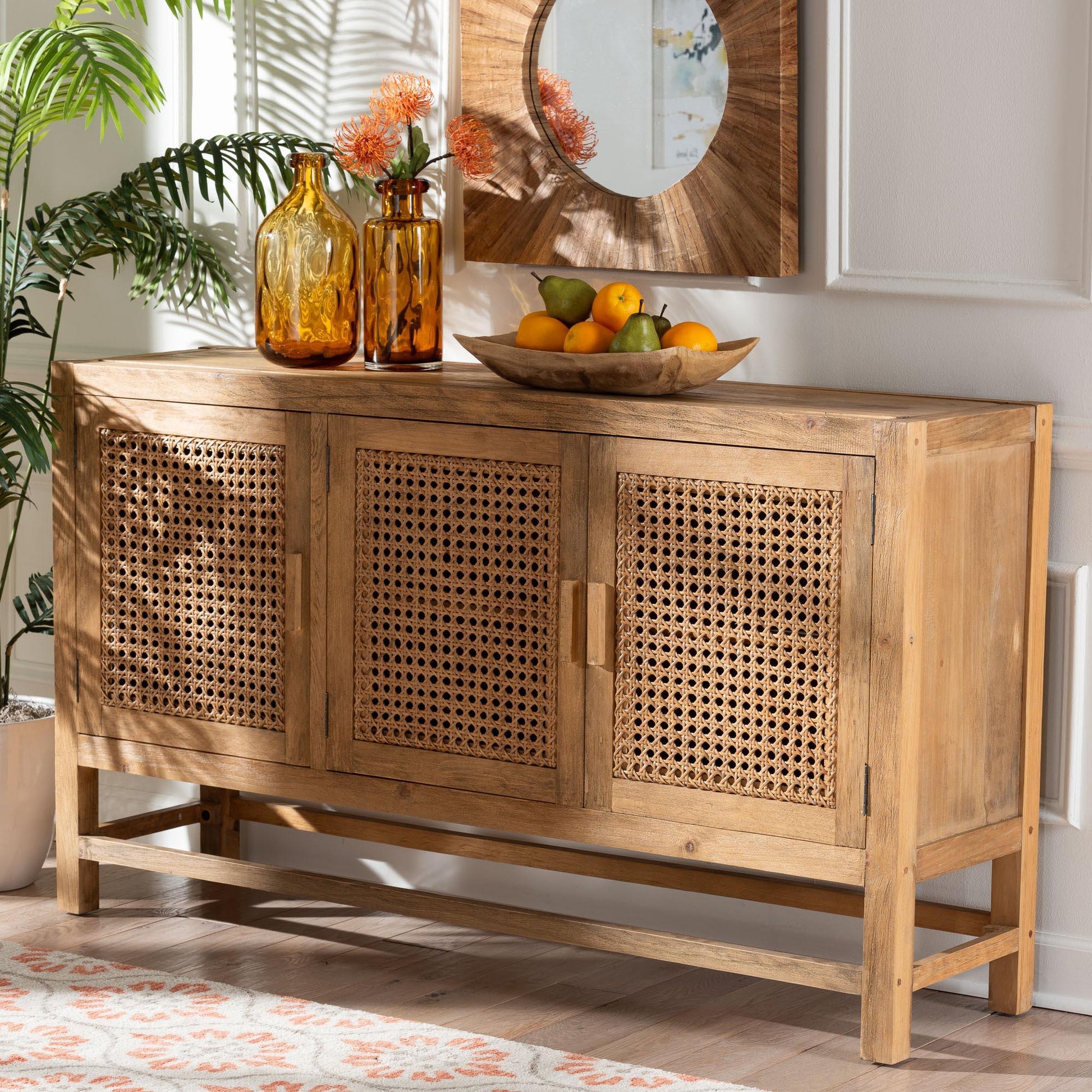 bali & pari Sibu Bohemian Natural Rattan and Reclaimed Wood Cabinet FredCo