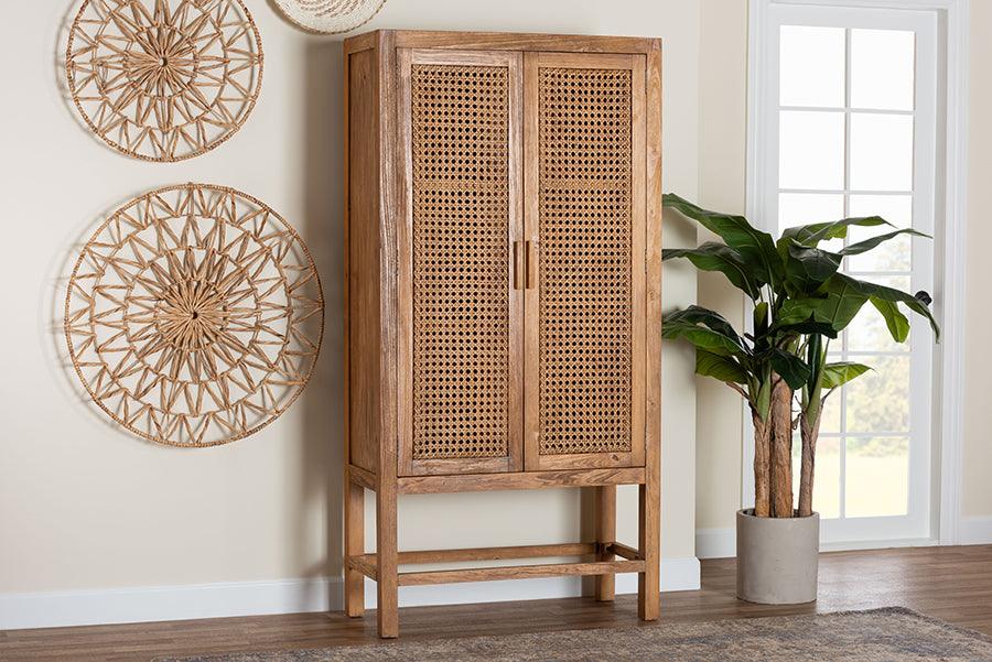 bali & pari Sibu Bohemian Natural Rattan and Teak Wood Tall Cabinet FredCo