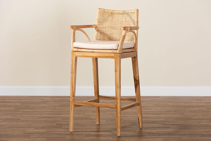 bali & pari Storsel Bohemian Natural Rattan and Teak Wood Bar Stool FredCo