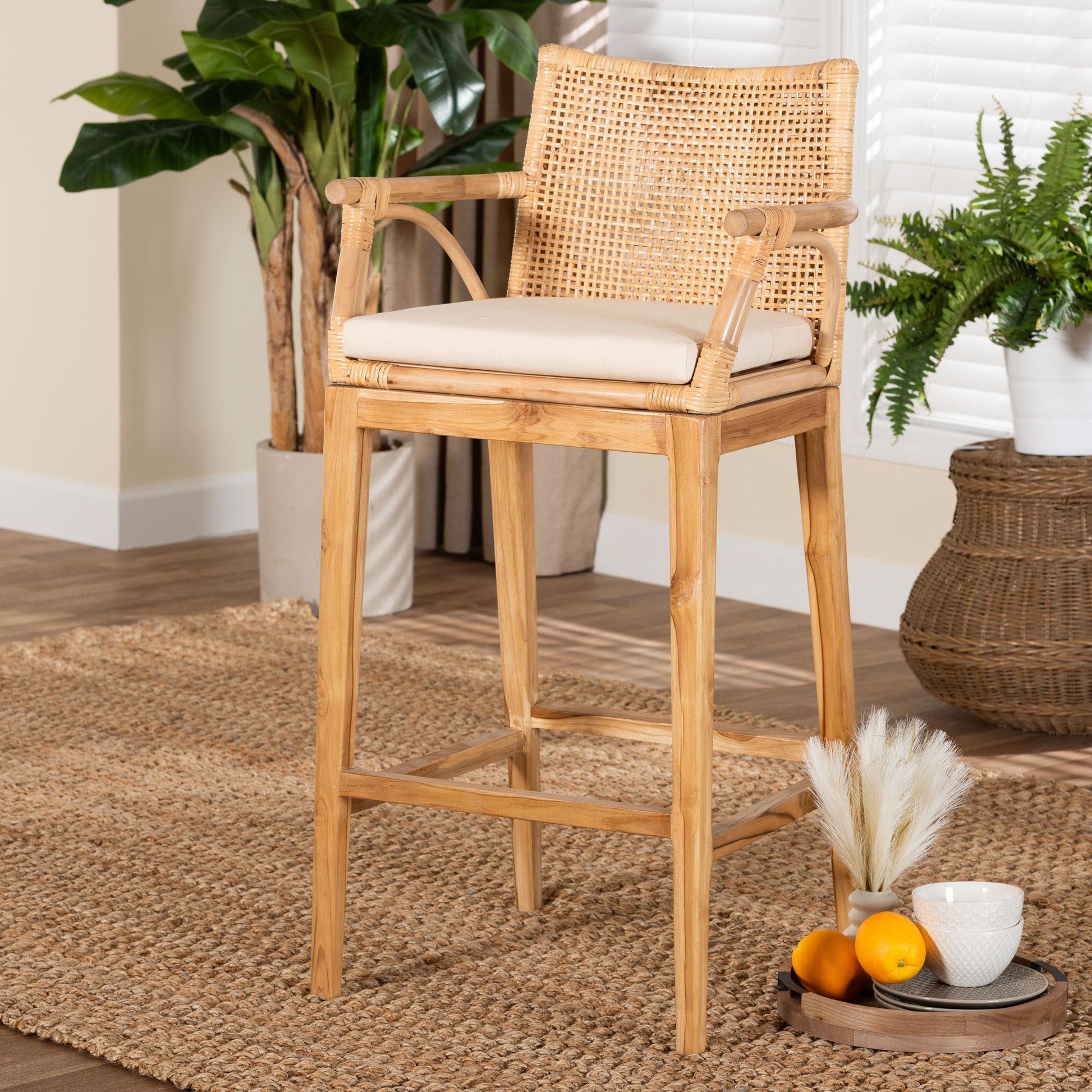 bali & pari Storsel Bohemian Natural Rattan and Teak Wood Bar Stool FredCo