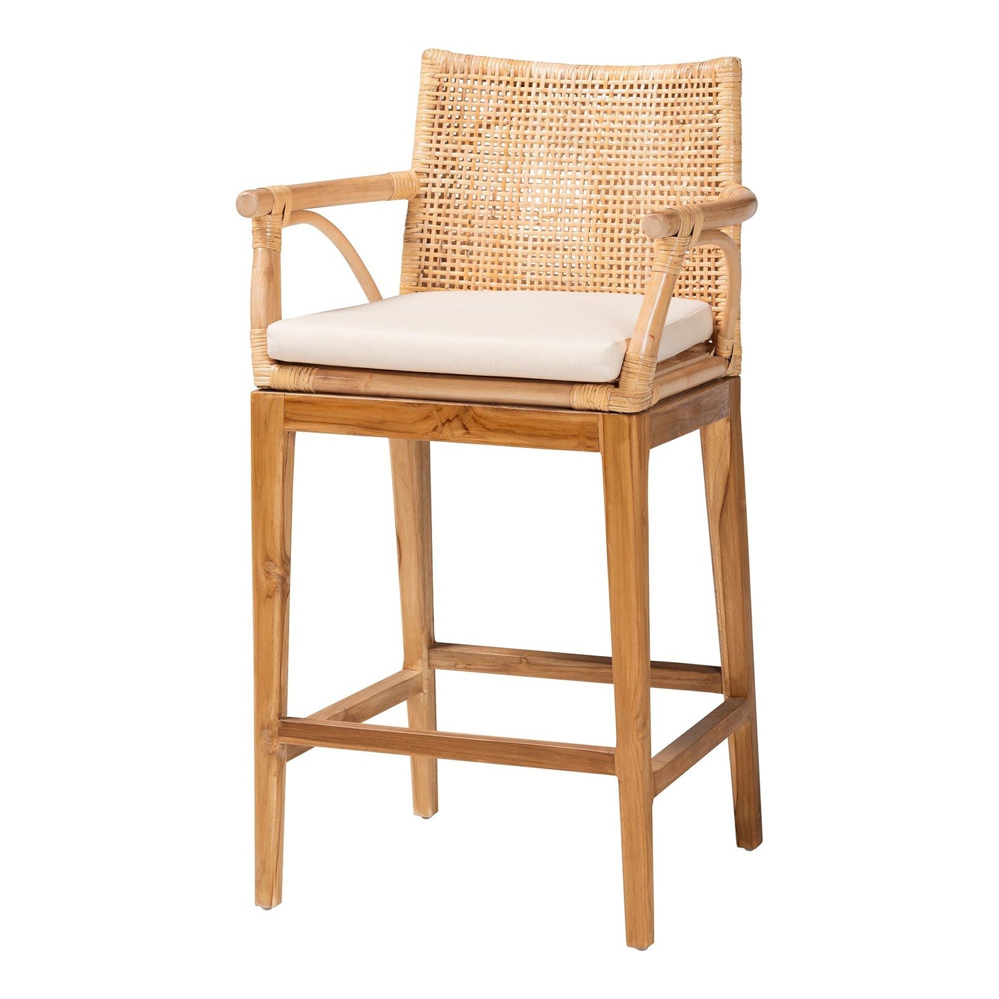 bali & pari Storsel Bohemian Natural Rattan and Teak Wood Counter Stool FredCo