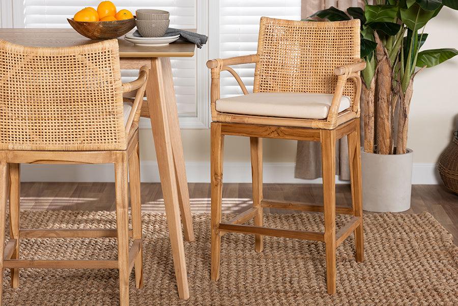 bali & pari Storsel Bohemian Natural Rattan and Teak Wood Counter Stool FredCo