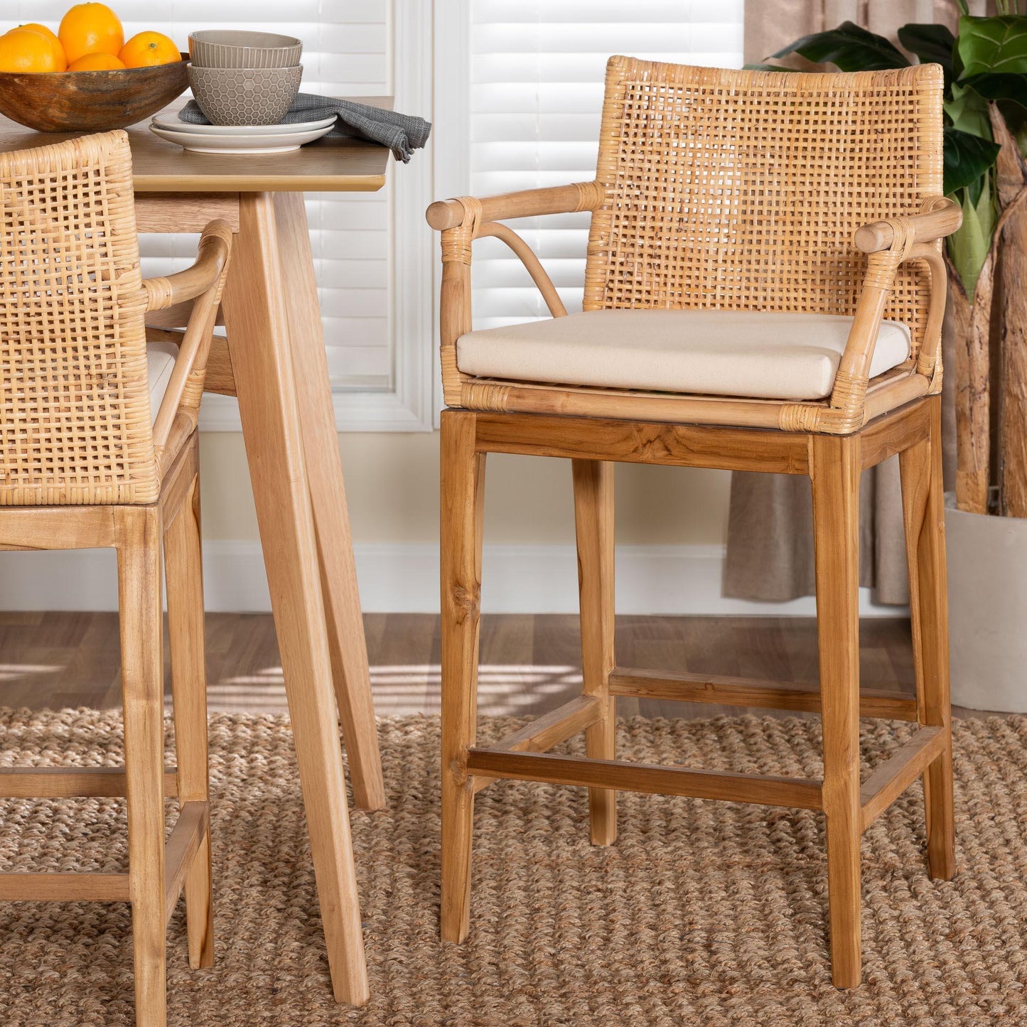 bali & pari Storsel Bohemian Natural Rattan and Teak Wood Counter Stool FredCo