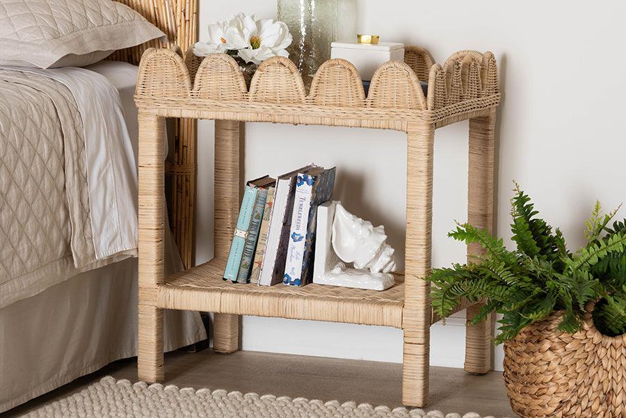 bali & pari Sumana Bohemian Scallop Natural Rattan and Mahogany Side Table FredCo