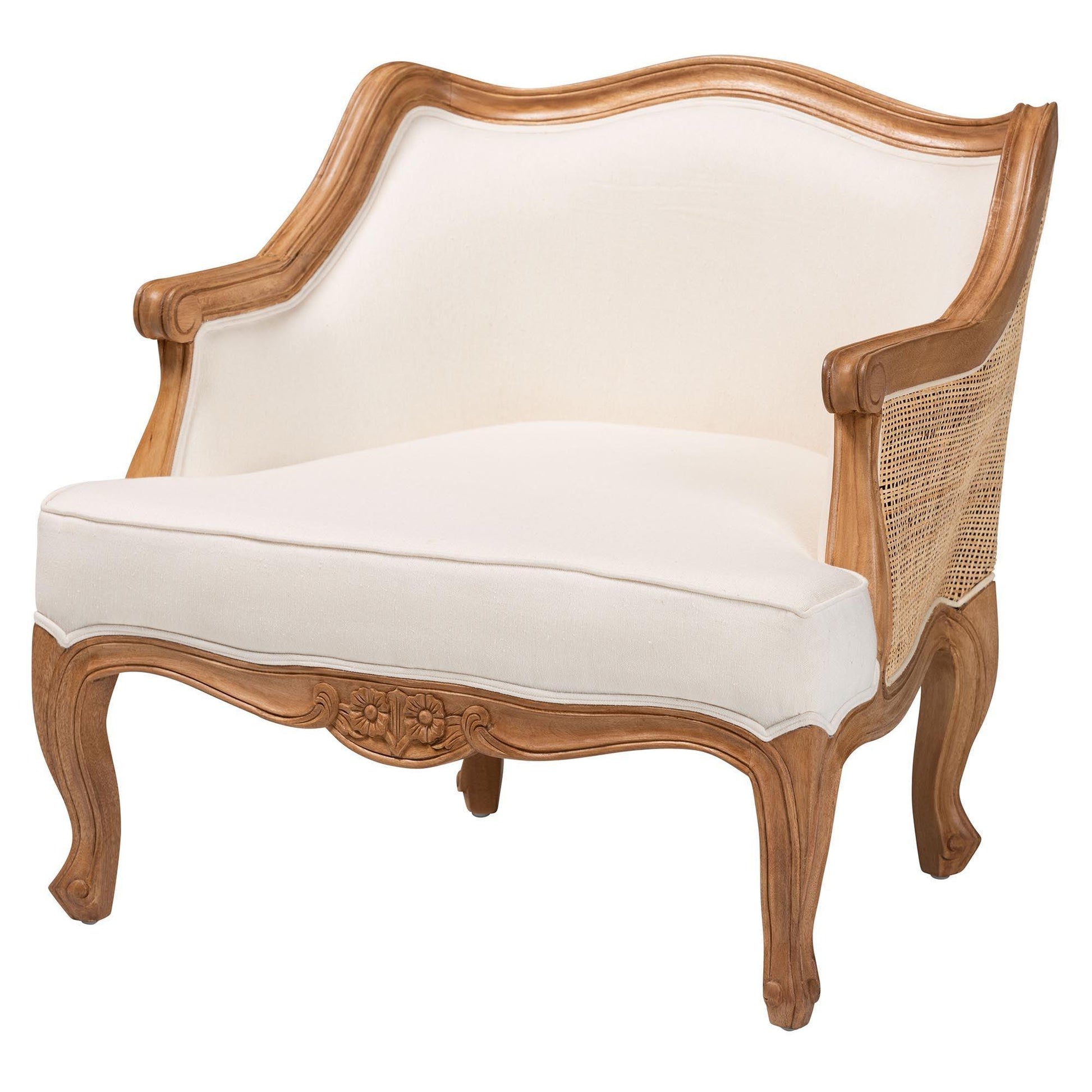 bali & pari Sylvestra Traditional French Beige Fabric and Honey Oak Finished Wood Low Seat Accent Chair FredCo