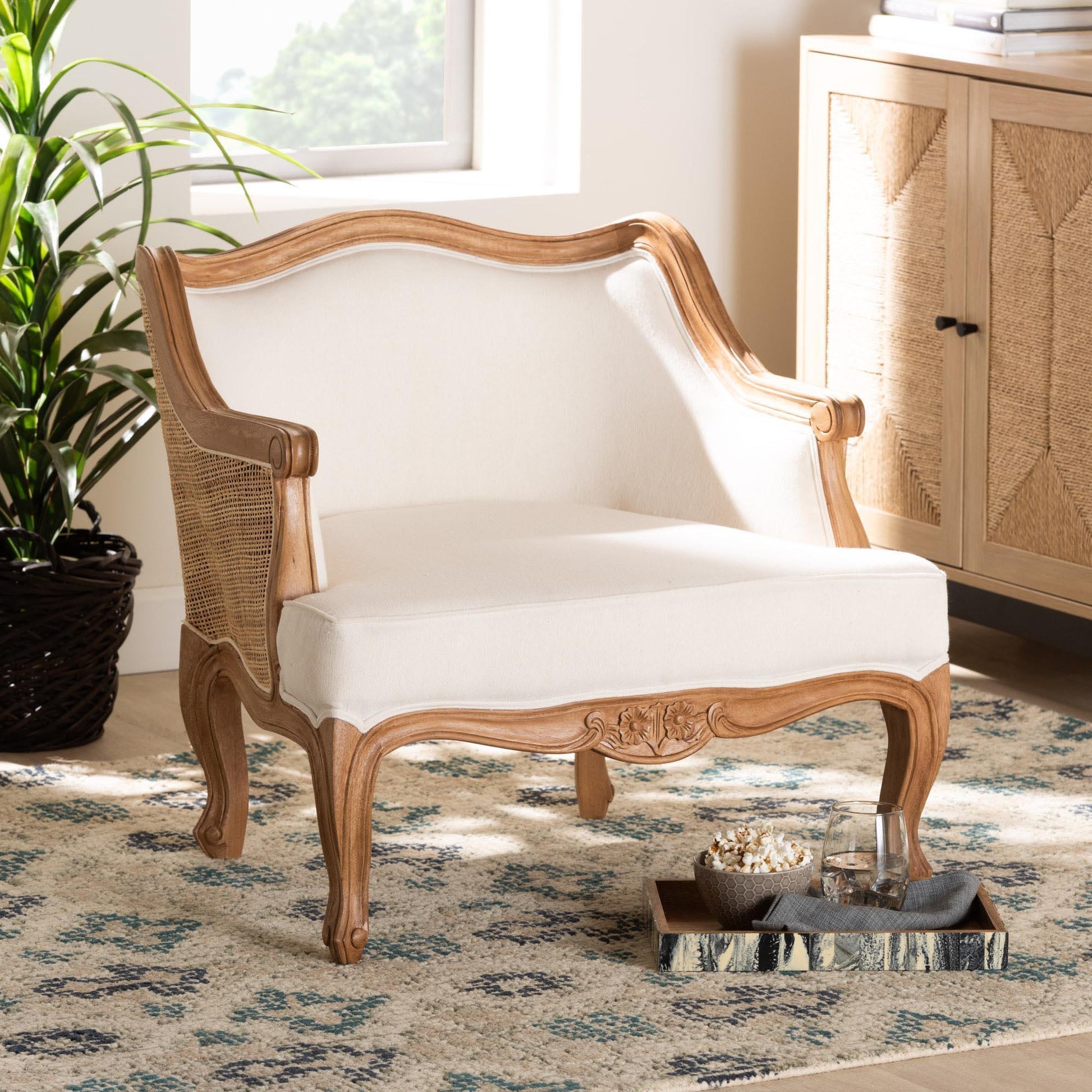 bali & pari Sylvestra Traditional French Beige Fabric and Honey Oak Finished Wood Low Seat Accent Chair FredCo