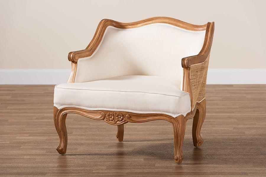 bali & pari Sylvestra Traditional French Beige Fabric and Honey Oak Finished Wood Low Seat Accent Chair FredCo