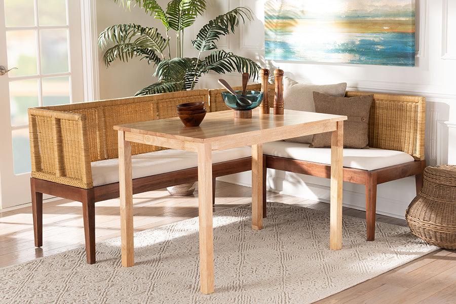 bali & pari Tabanan Modern Bohemian Natural Brown Rattan and Brown Acacia Wood 3-Piece Dining Nook set FredCo