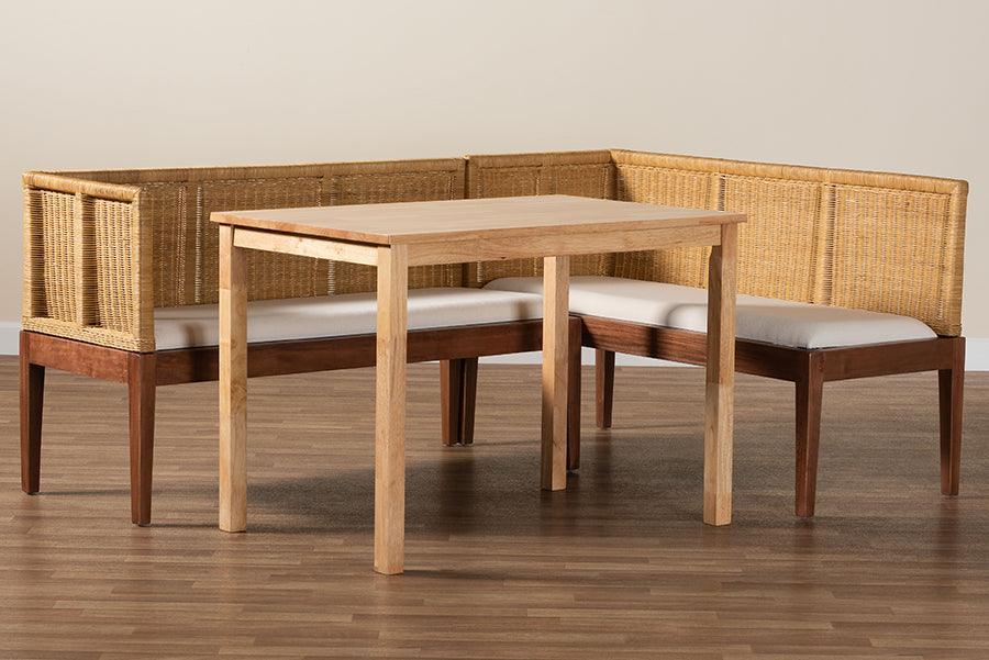bali & pari Tabanan Modern Bohemian Natural Brown Rattan and Brown Acacia Wood 3-Piece Dining Nook set FredCo