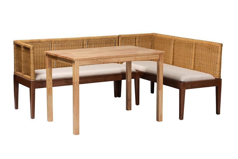 bali & pari Tabanan Modern Bohemian Natural Brown Rattan and Brown Acacia Wood 3-Piece Dining Nook set FredCo
