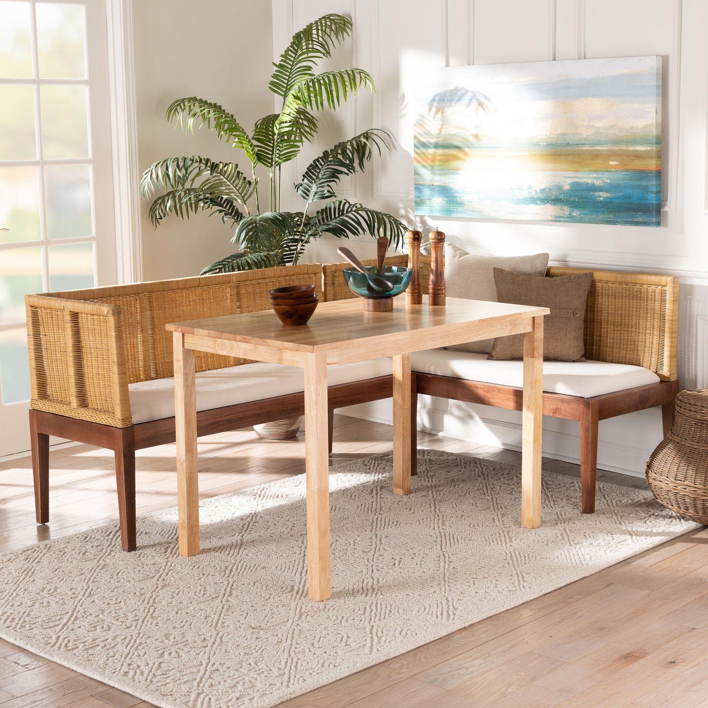 bali & pari Tabanan Modern Bohemian Natural Brown Rattan and Brown Acacia Wood 3-Piece Dining Nook set FredCo