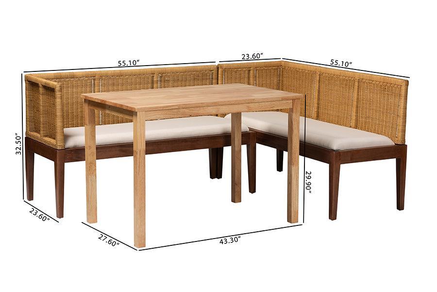 bali & pari Tabanan Modern Bohemian Natural Brown Rattan and Brown Acacia Wood 3-Piece Dining Nook set FredCo