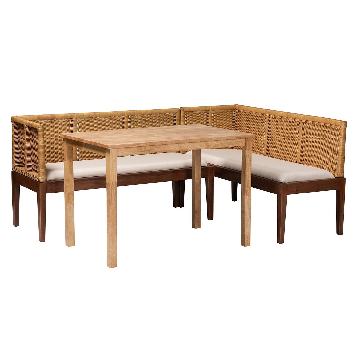 bali & pari Tabanan Modern Bohemian Natural Brown Rattan and Brown Acacia Wood 3-Piece Dining Nook set FredCo