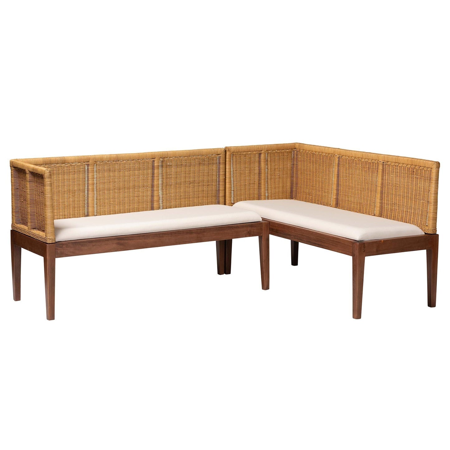 bali & pari Tabanan Modern Bohemian Nautral Brown Rattan and Brown Acacia Wood 2-Piece Dining Nook Banquette Set FredCo