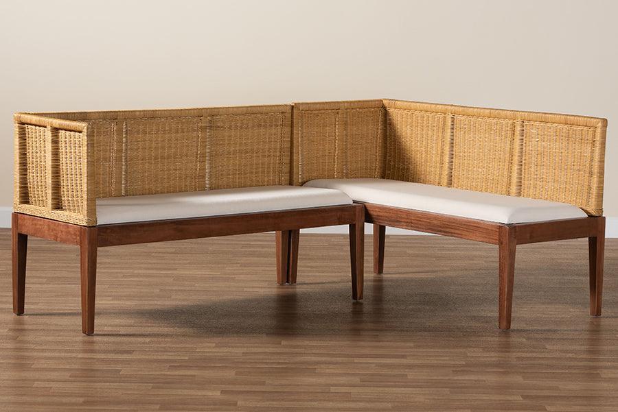 bali & pari Tabanan Modern Bohemian Nautral Brown Rattan and Brown Acacia Wood 2-Piece Dining Nook Banquette Set FredCo
