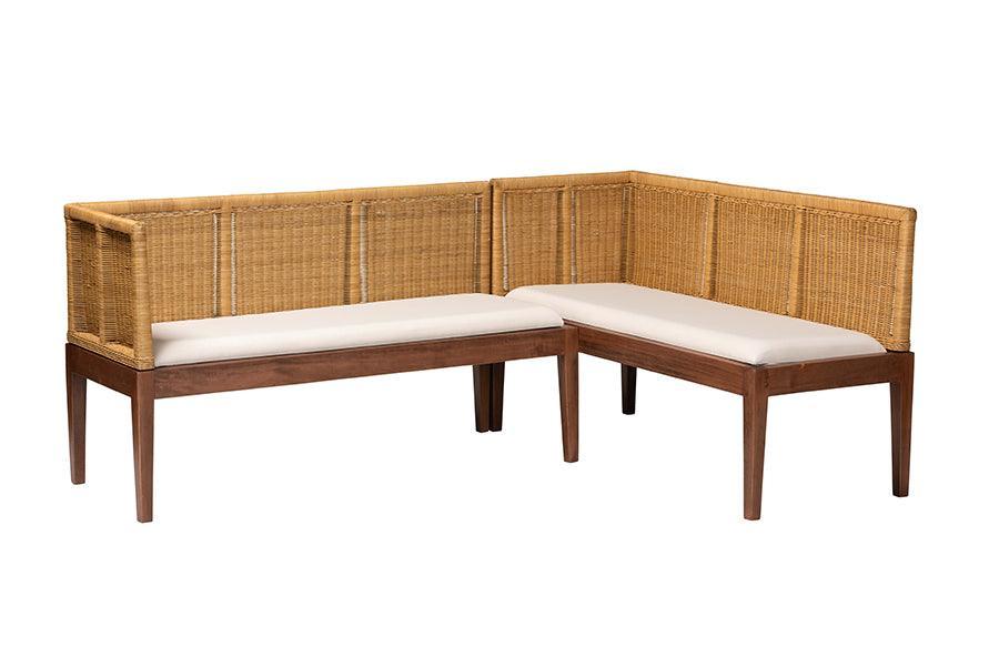 bali & pari Tabanan Modern Bohemian Nautral Brown Rattan and Brown Acacia Wood 2-Piece Dining Nook Banquette Set FredCo