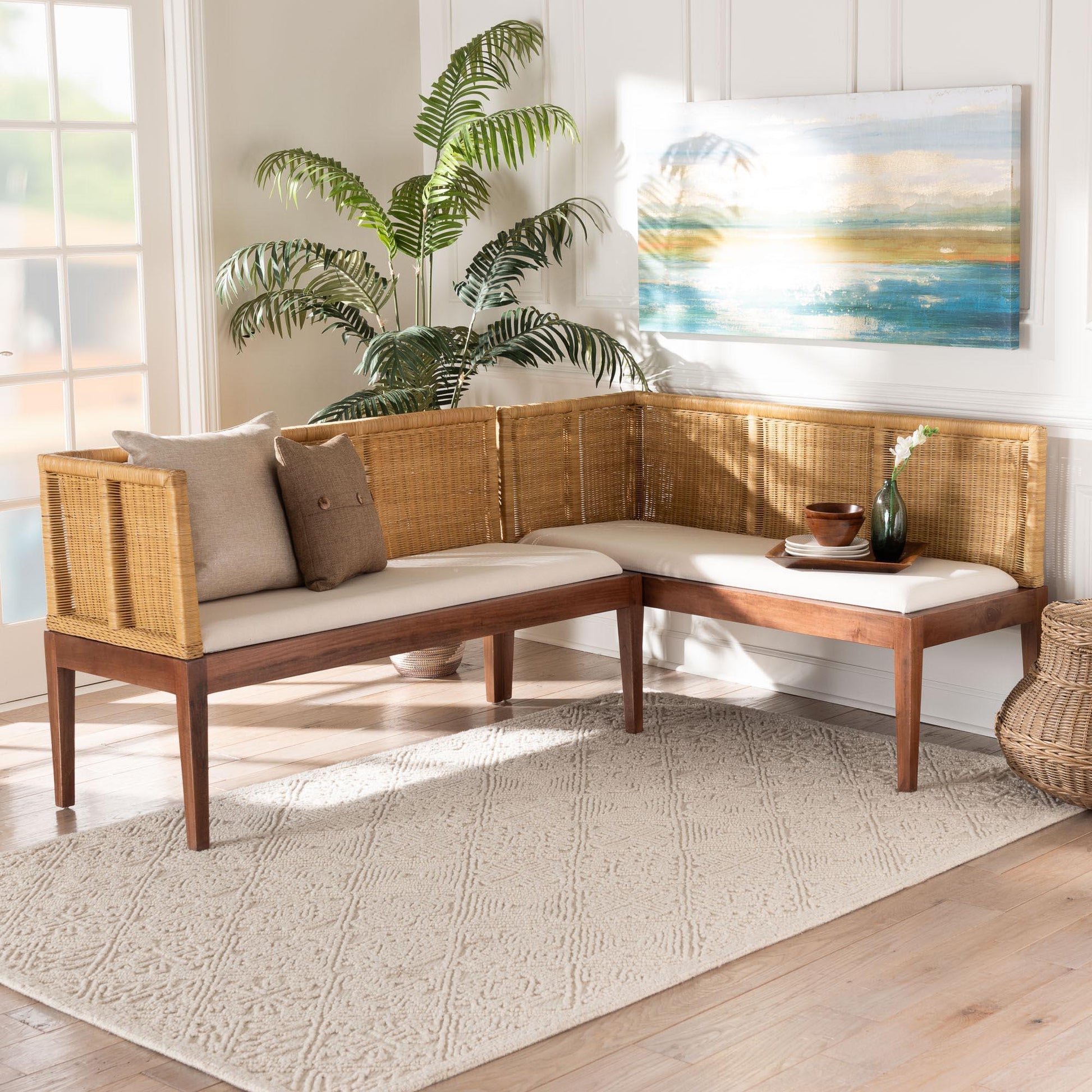bali & pari Tabanan Modern Bohemian Nautral Brown Rattan and Brown Acacia Wood 2-Piece Dining Nook Banquette Set FredCo