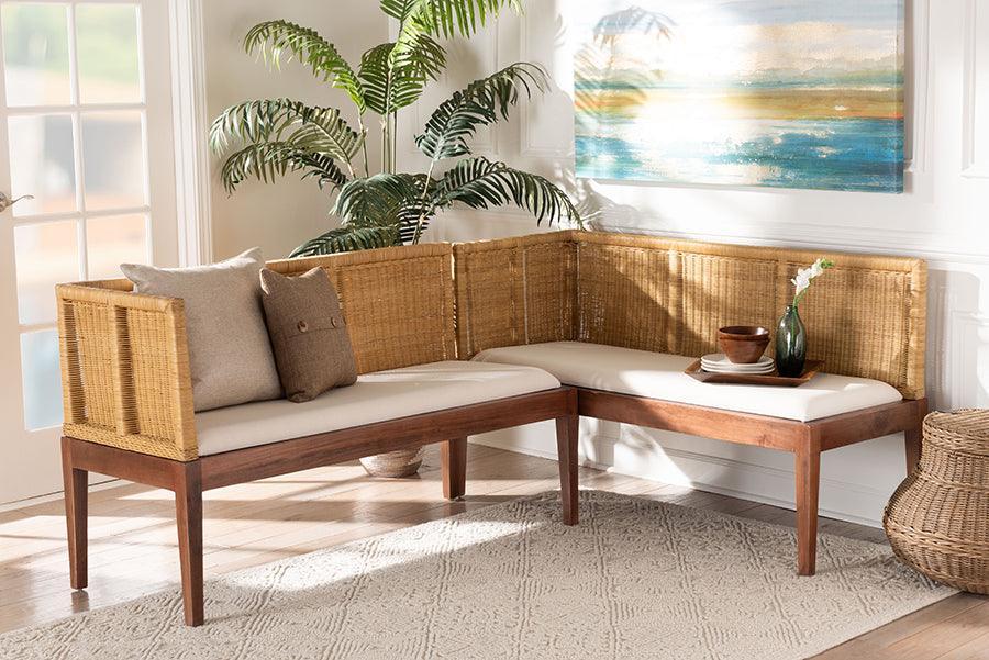 bali & pari Tabanan Modern Bohemian Nautral Brown Rattan and Brown Acacia Wood 2-Piece Dining Nook Banquette Set FredCo