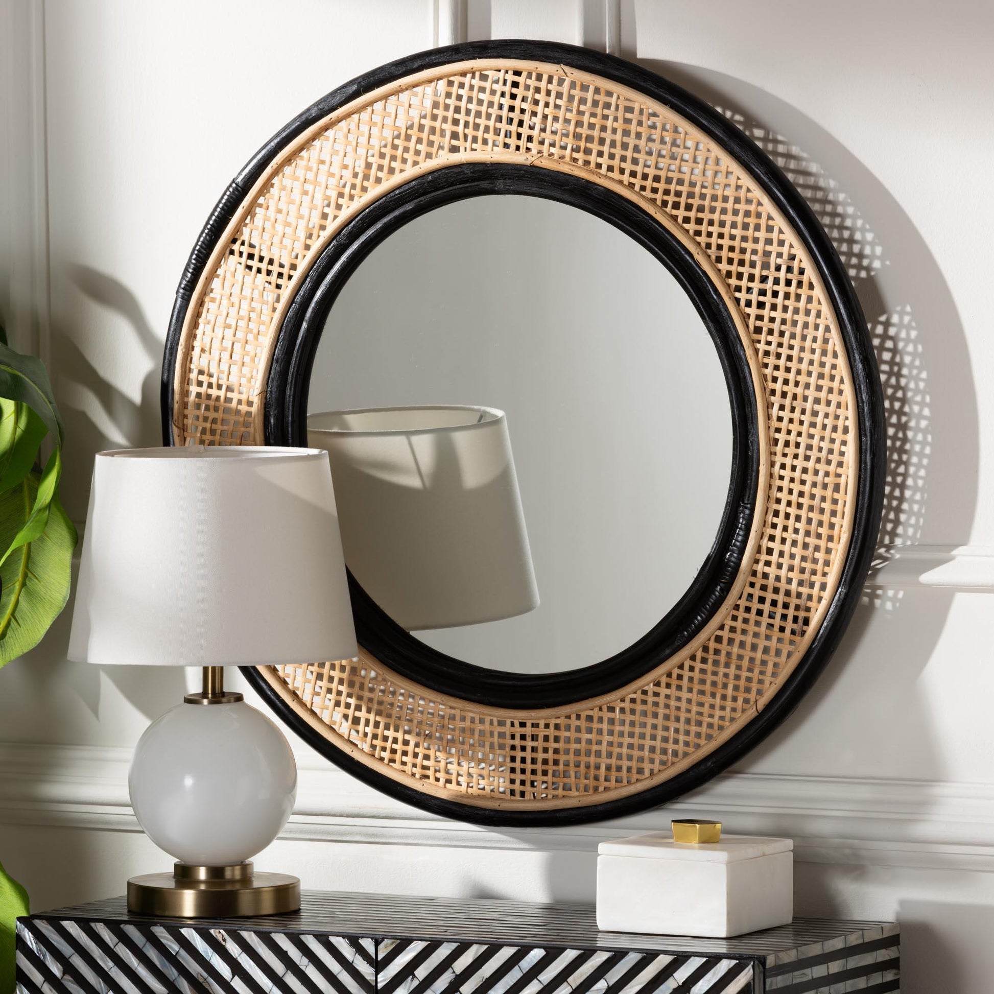 bali & pari Tacita Modern Bohemian Two-Tone Black and Natural Brown Rattan Accent Wall Mirror FredCo