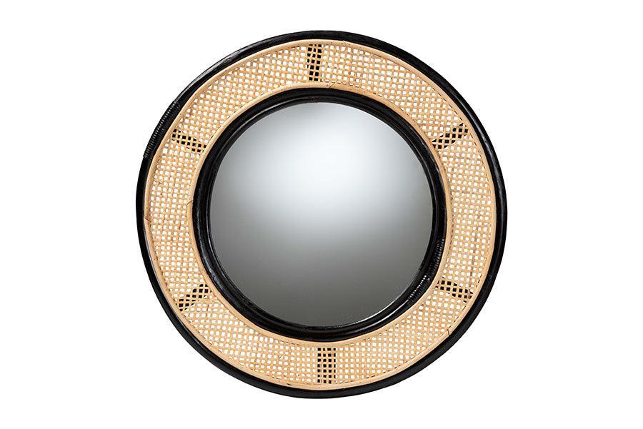 bali & pari Tacita Modern Bohemian Two-Tone Black and Natural Brown Rattan Accent Wall Mirror FredCo