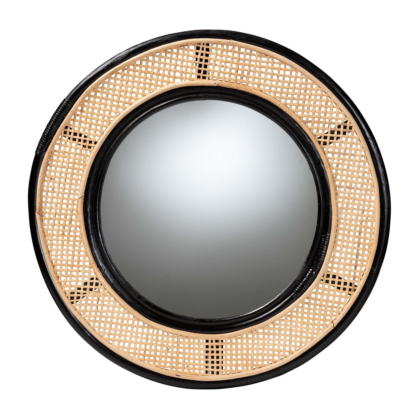 bali & pari Tacita Modern Bohemian Two-Tone Black and Natural Brown Rattan Accent Wall Mirror FredCo