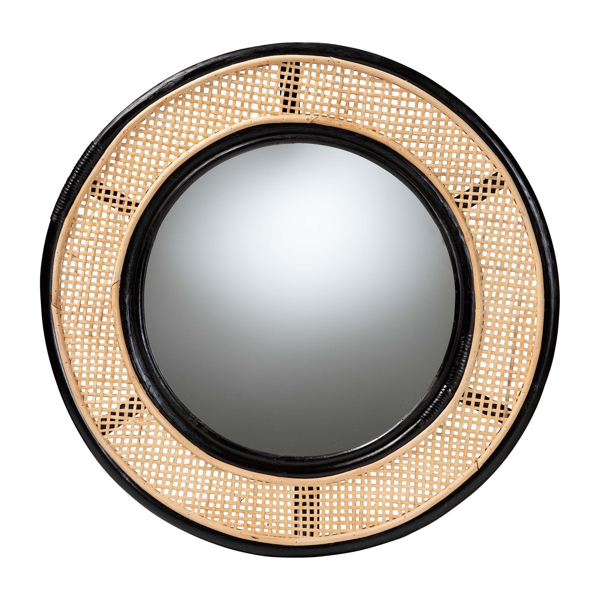bali & pari Tacita Modern Bohemian Two-Tone Black and Natural Brown Rattan Accent Wall Mirror FredCo