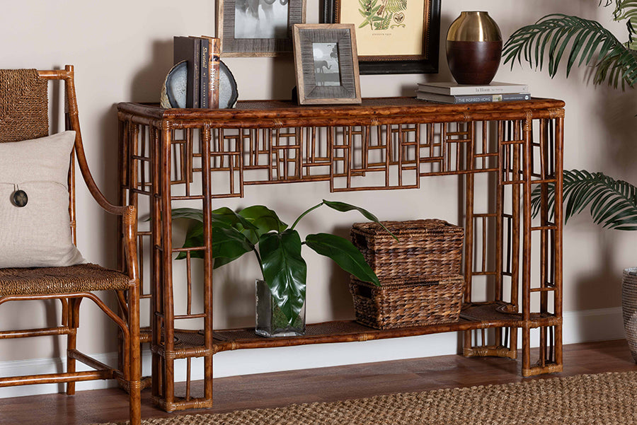 Bamboo console table with woven baskets and decor, modern home furniture by FredCo International