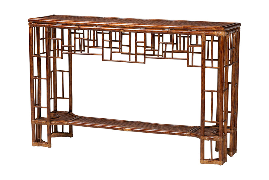 Modern bamboo console table with geometric lattice design, furniture from FredCo International