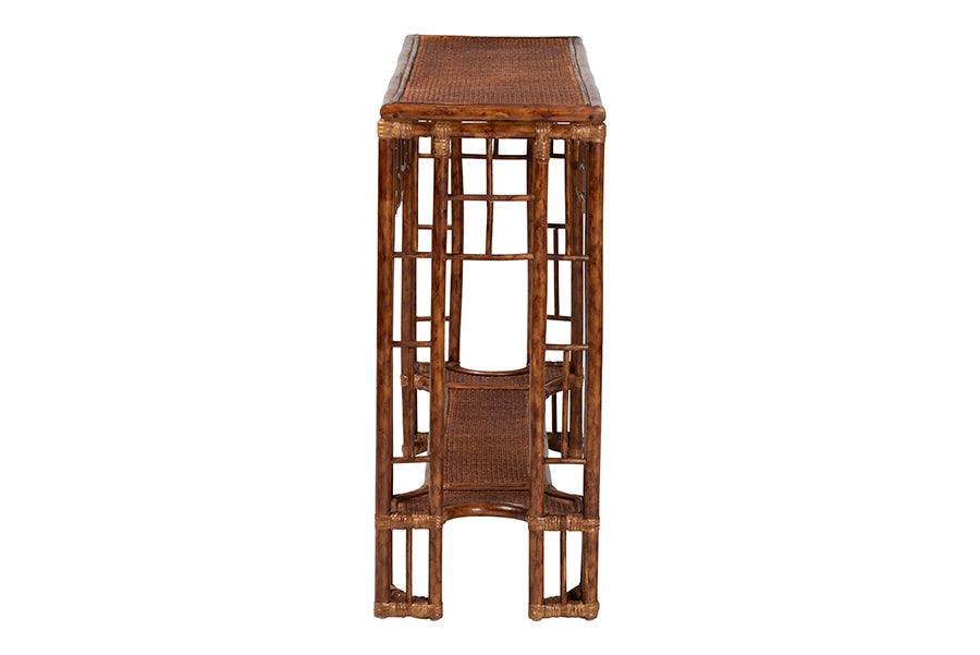 Brown rattan accent table with open lattice sides, FredCo International furniture.