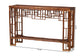Rattan console table with geometric lattice design, brown finish, dimensions shown, FredCo International furniture