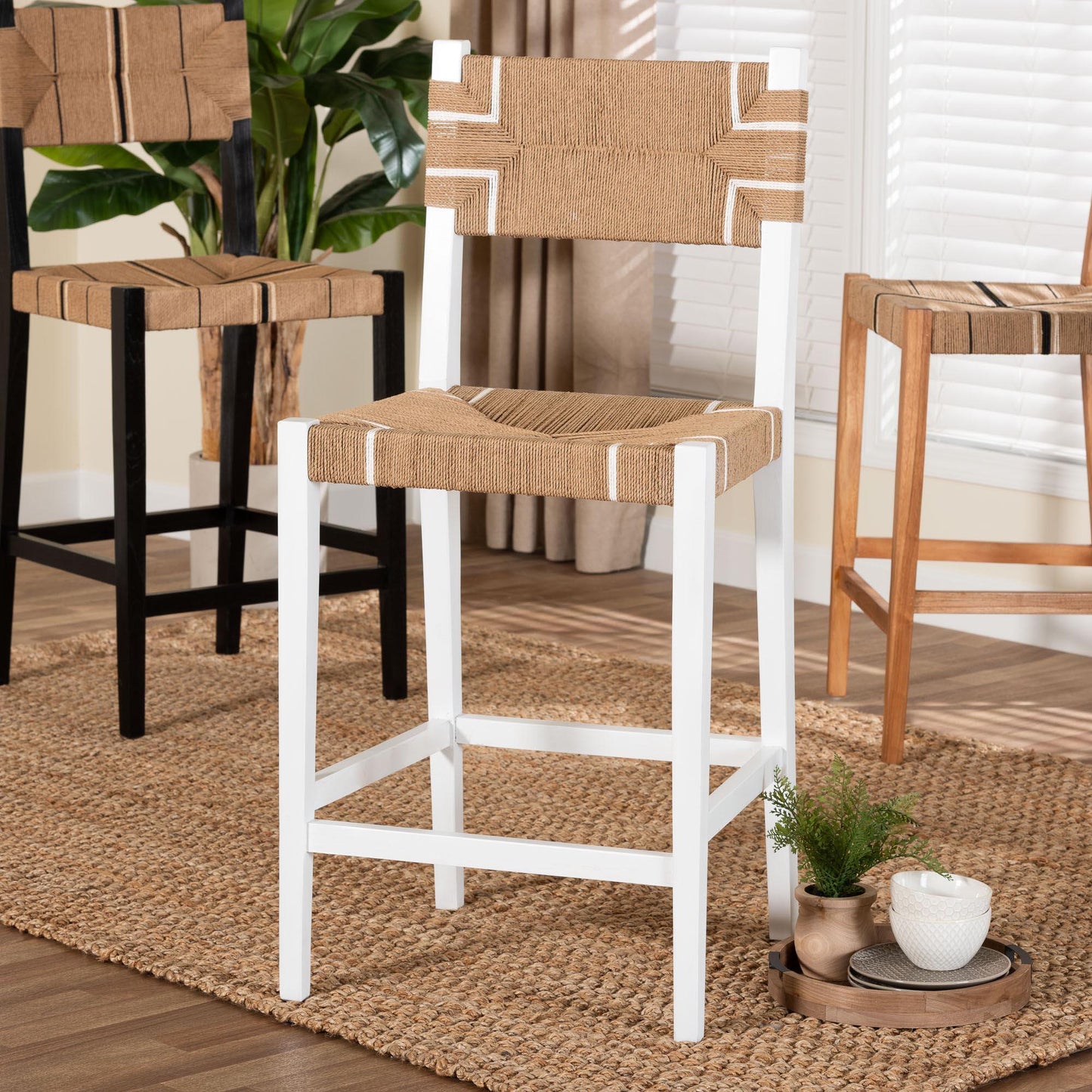 bali & pari Talli Bohemian Paper Loom and White Mahogany Wood Bar Stool FredCo