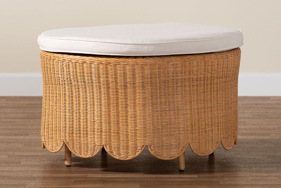 bali & pari Teresa Bohemian Light Honey Scalloped Rattan Ottoman FredCo