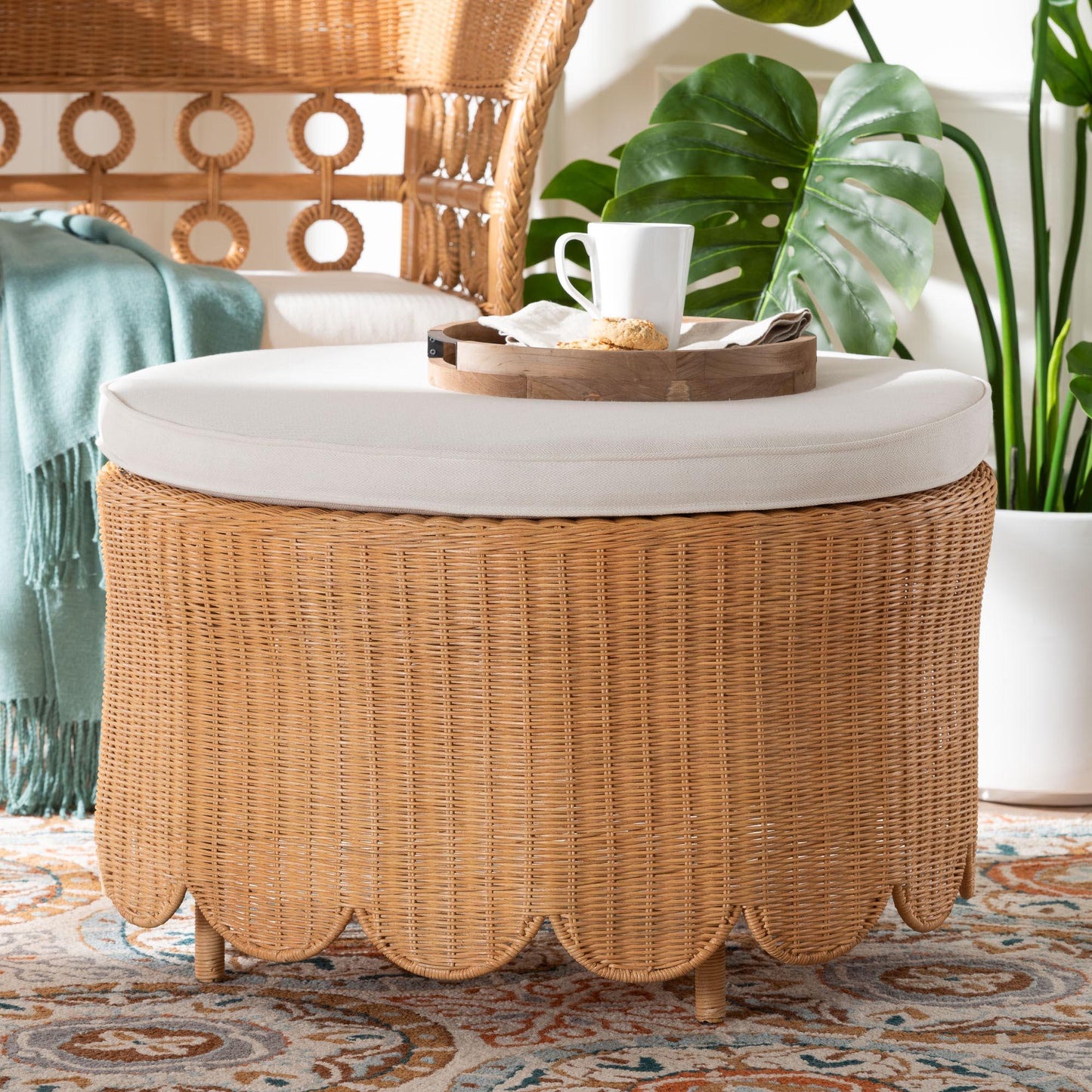 bali & pari Teresa Bohemian Light Honey Scalloped Rattan Ottoman FredCo