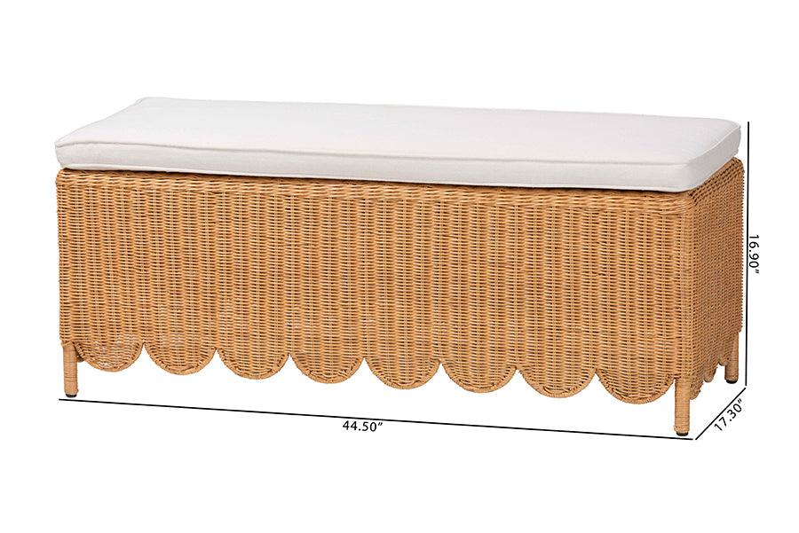 bali & pari Teresa Bohemian Light Honey Scalloped Rattan Ottoman Bench FredCo