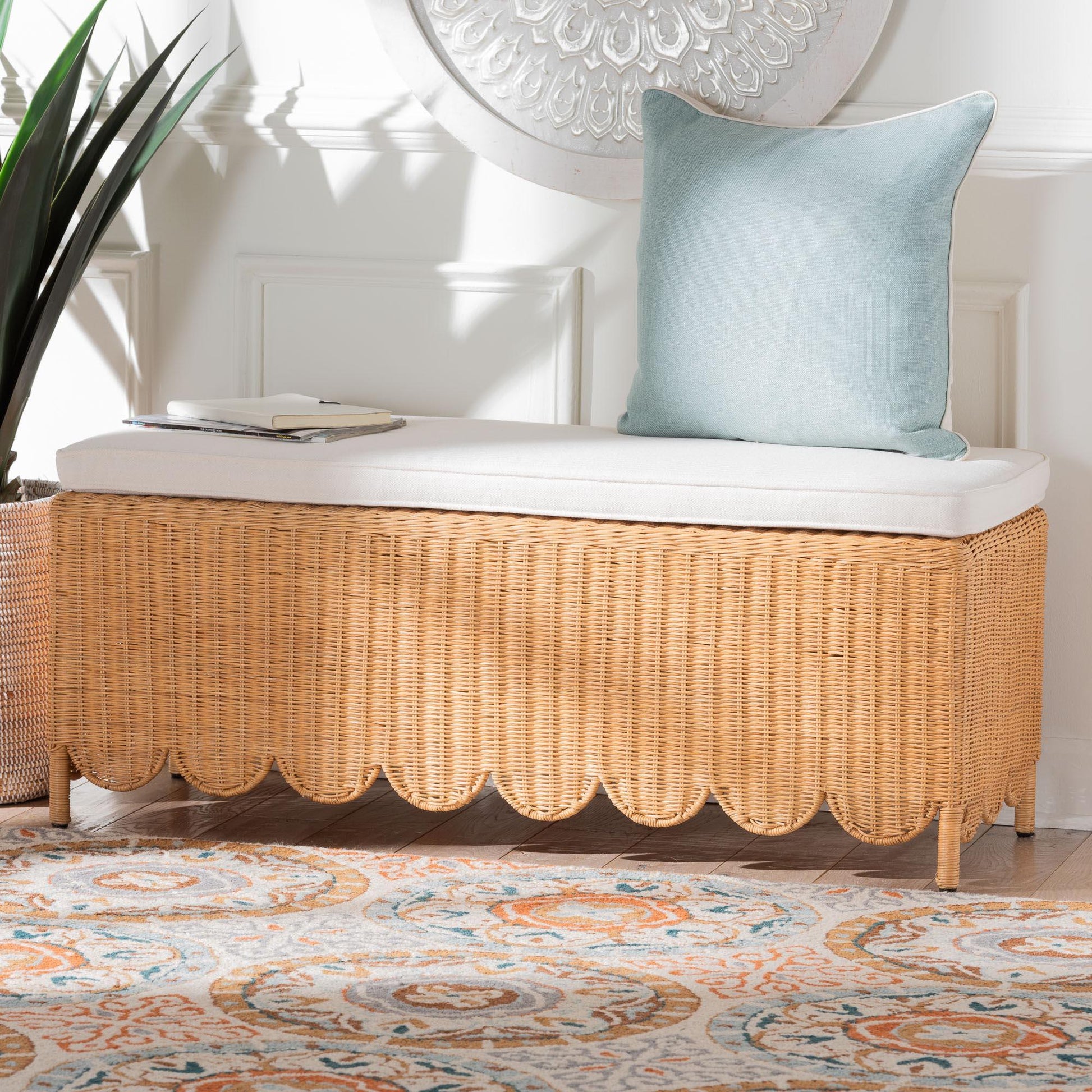 bali & pari Teresa Bohemian Light Honey Scalloped Rattan Ottoman Bench FredCo