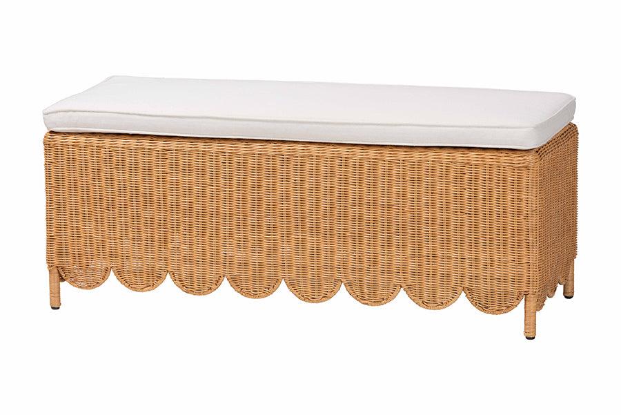 bali & pari Teresa Bohemian Light Honey Scalloped Rattan Ottoman Bench FredCo