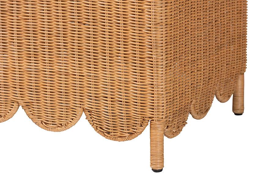 bali & pari Teresa Bohemian Light Honey Scalloped Rattan Ottoman Bench FredCo