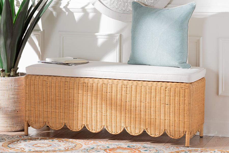 bali & pari Teresa Bohemian Light Honey Scalloped Rattan Ottoman Bench FredCo