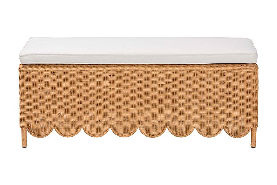 bali & pari Teresa Bohemian Light Honey Scalloped Rattan Ottoman Bench FredCo