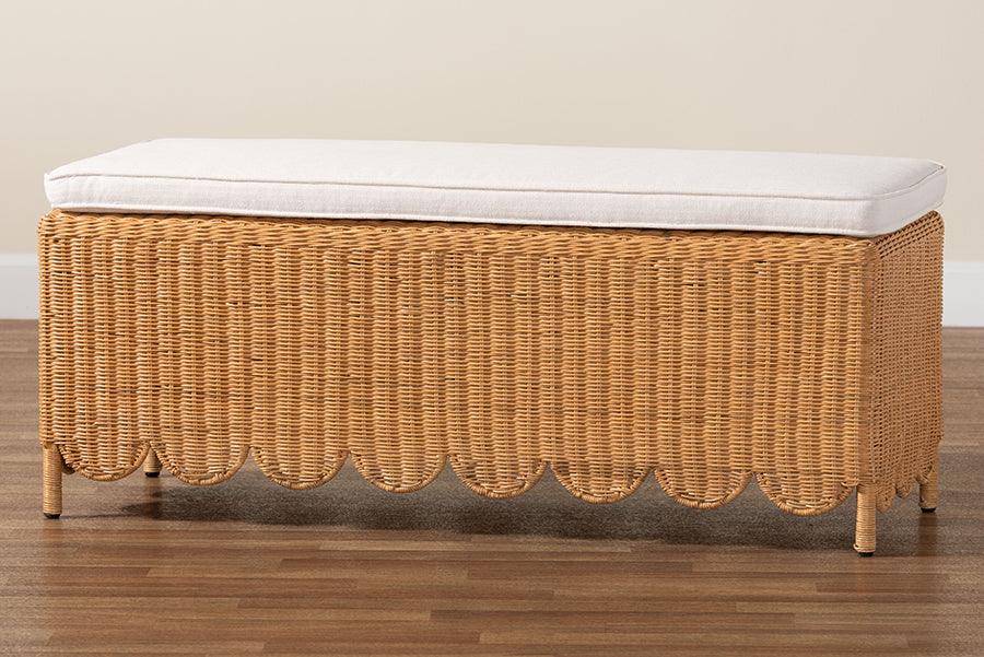 bali & pari Teresa Bohemian Light Honey Scalloped Rattan Ottoman Bench FredCo