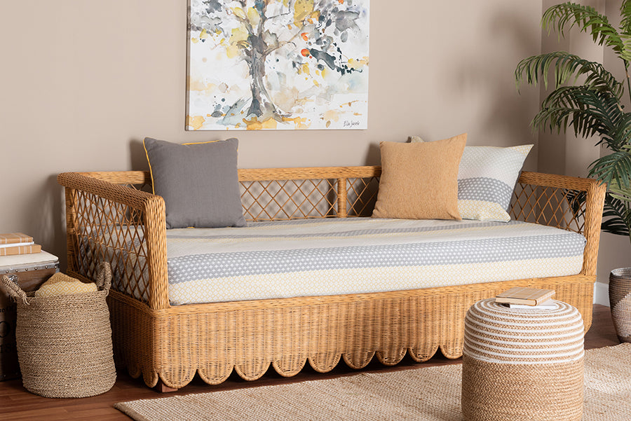Bali & Pari Teresa Twin Natural Rattan Daybed – Handwoven Scalloped Sofa Bed Frame with Lattice Back, Coastal Boho Style FredCo