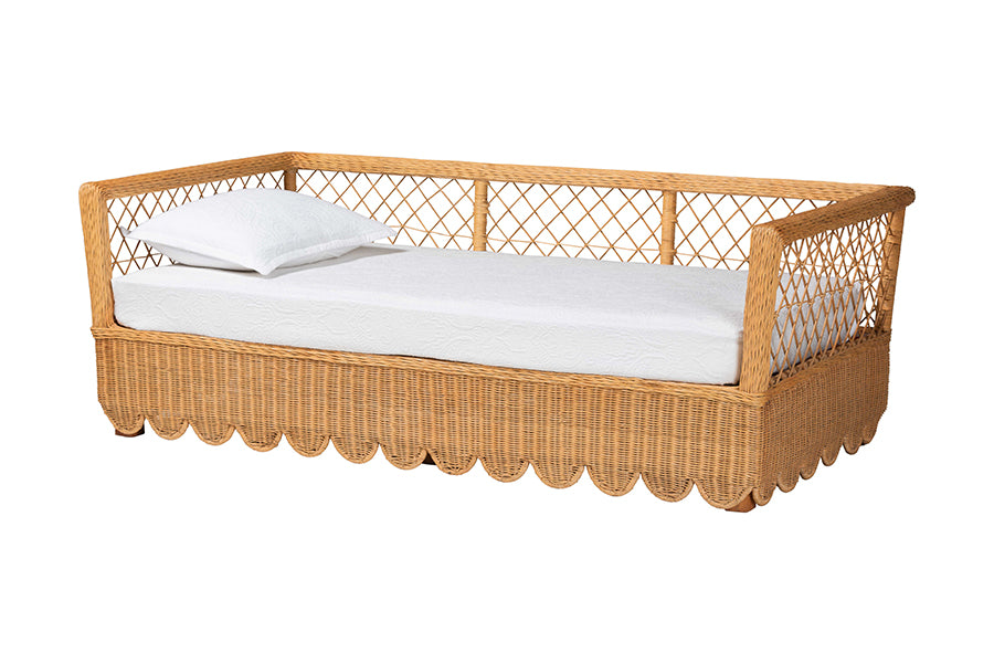 Bali & Pari Teresa Twin Natural Rattan Daybed – Handwoven Scalloped Sofa Bed Frame with Lattice Back, Coastal Boho Style FredCo