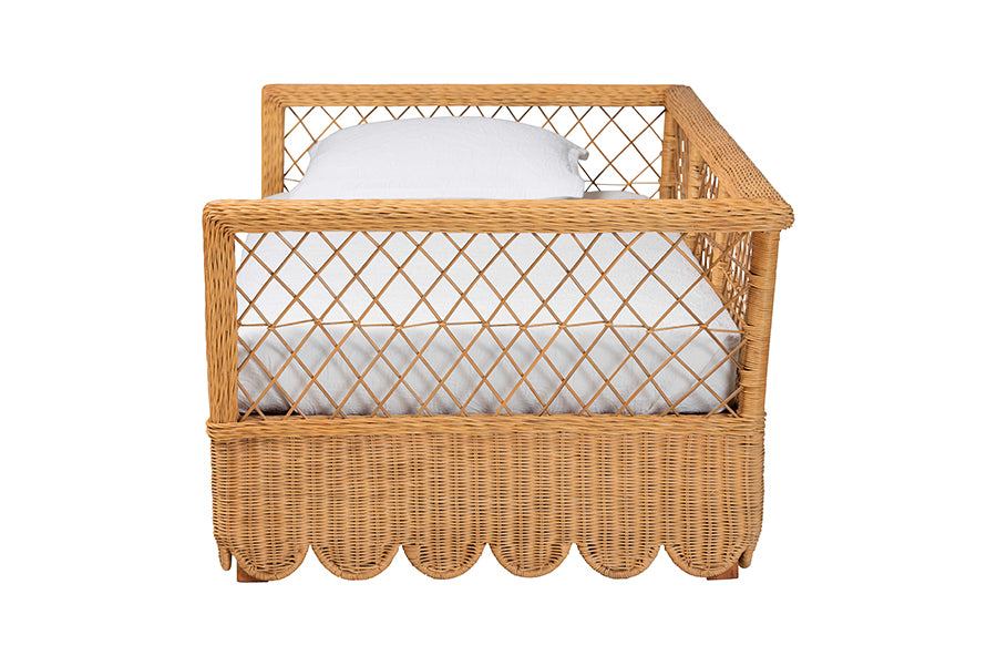 Bali & Pari Teresa Twin Natural Rattan Daybed – Handwoven Scalloped Sofa Bed Frame with Lattice Back, Coastal Boho Style FredCo