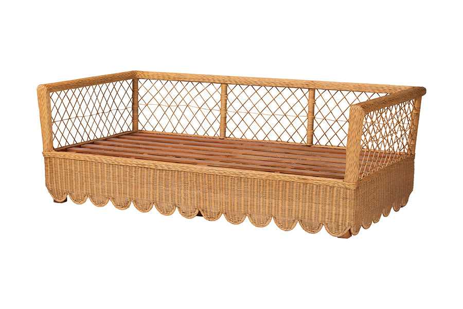 Bali & Pari Teresa Twin Natural Rattan Daybed – Handwoven Scalloped Sofa Bed Frame with Lattice Back, Coastal Boho Style FredCo